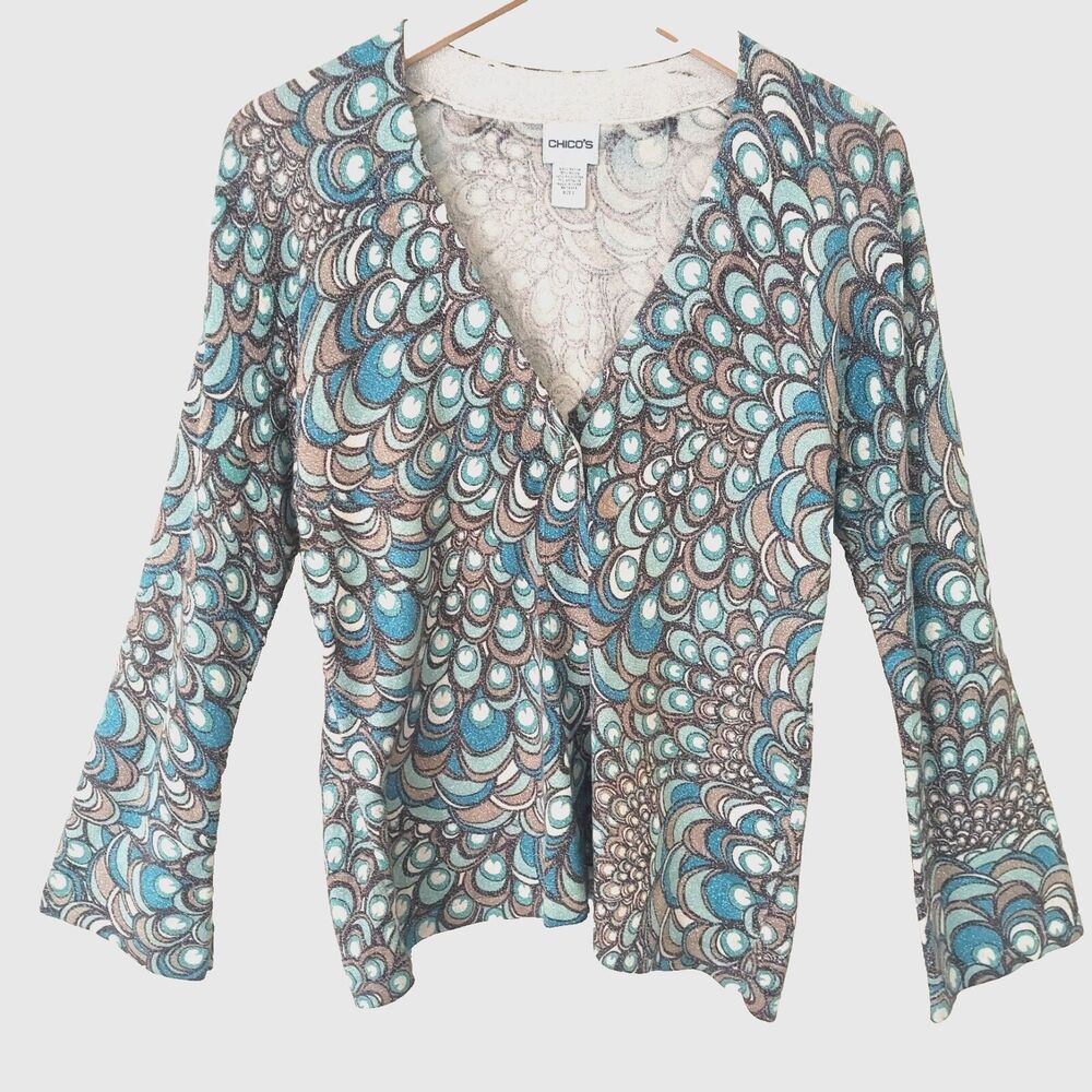 Chicos Sweater Cardigan 0 / S Blue Peacock Shimmer One Button